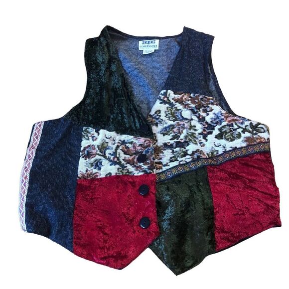Vintage S Patchwork Velvet Red Green Floral Brocade Vest Soho Compagnie Holiday - Picture 1 of 11
